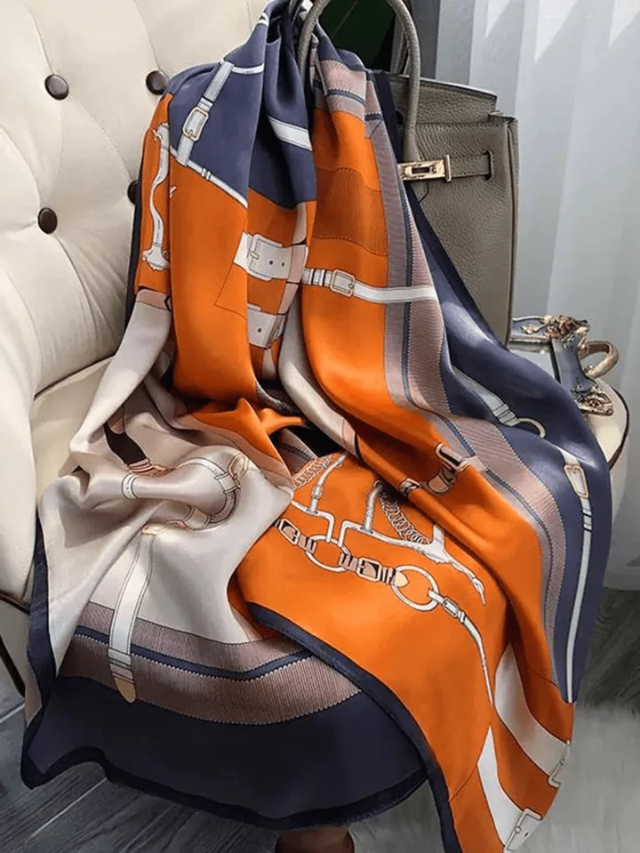 1pc Women's Orange Belt Chain Printed Satin Scarf | SHEIN