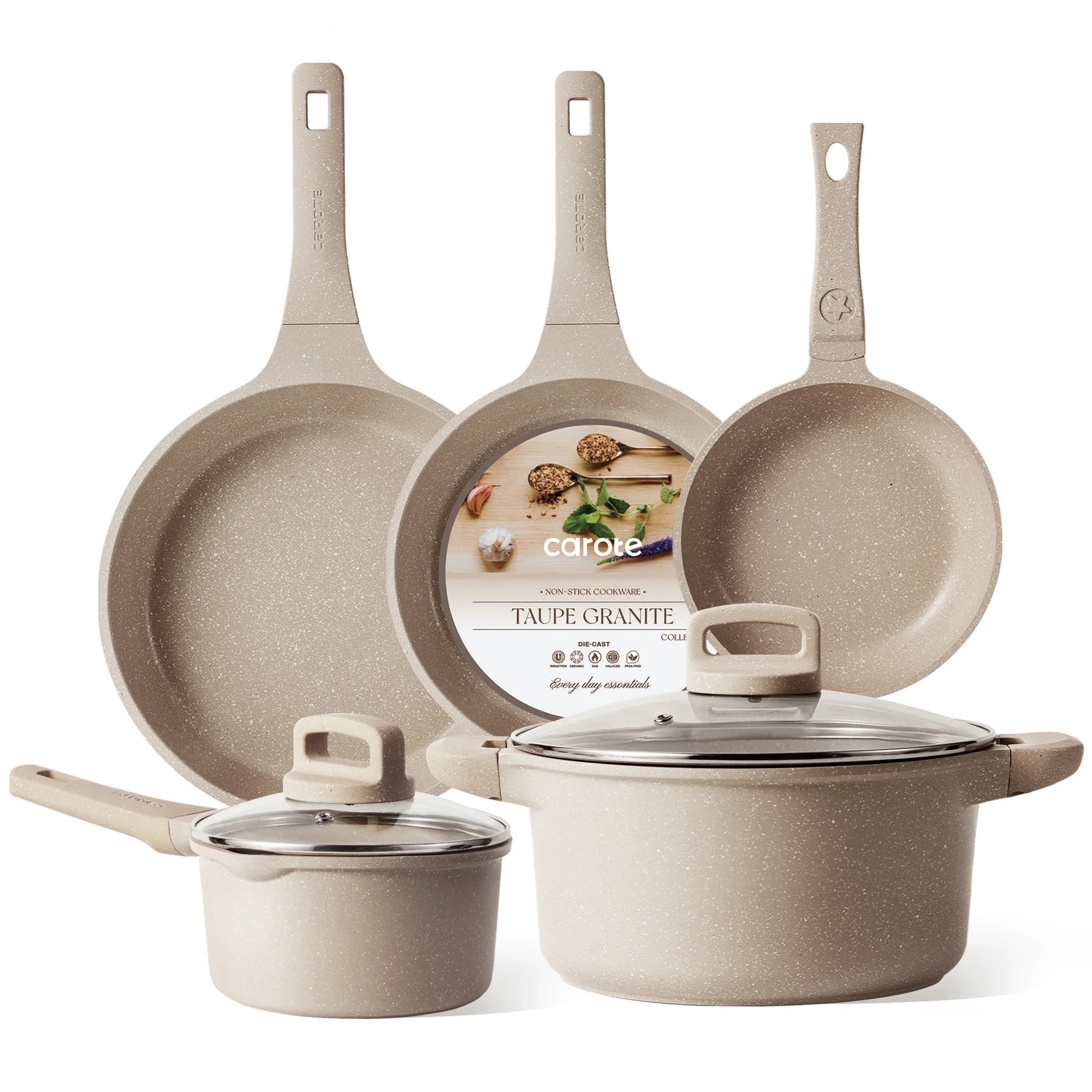 Carote Non Stick Cookware Set, Nonstick Pots and Pans, 7Pcs Induction Kitchens Cookware Sets, Tan | Walmart (US)