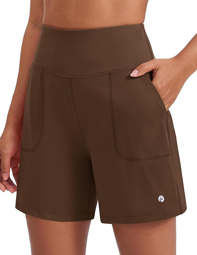 PINSPARK Women's Athletic Shorts 6" High Waisted Yoga Shorts with Pockets Soft Workout Running Sh... | Amazon (US)