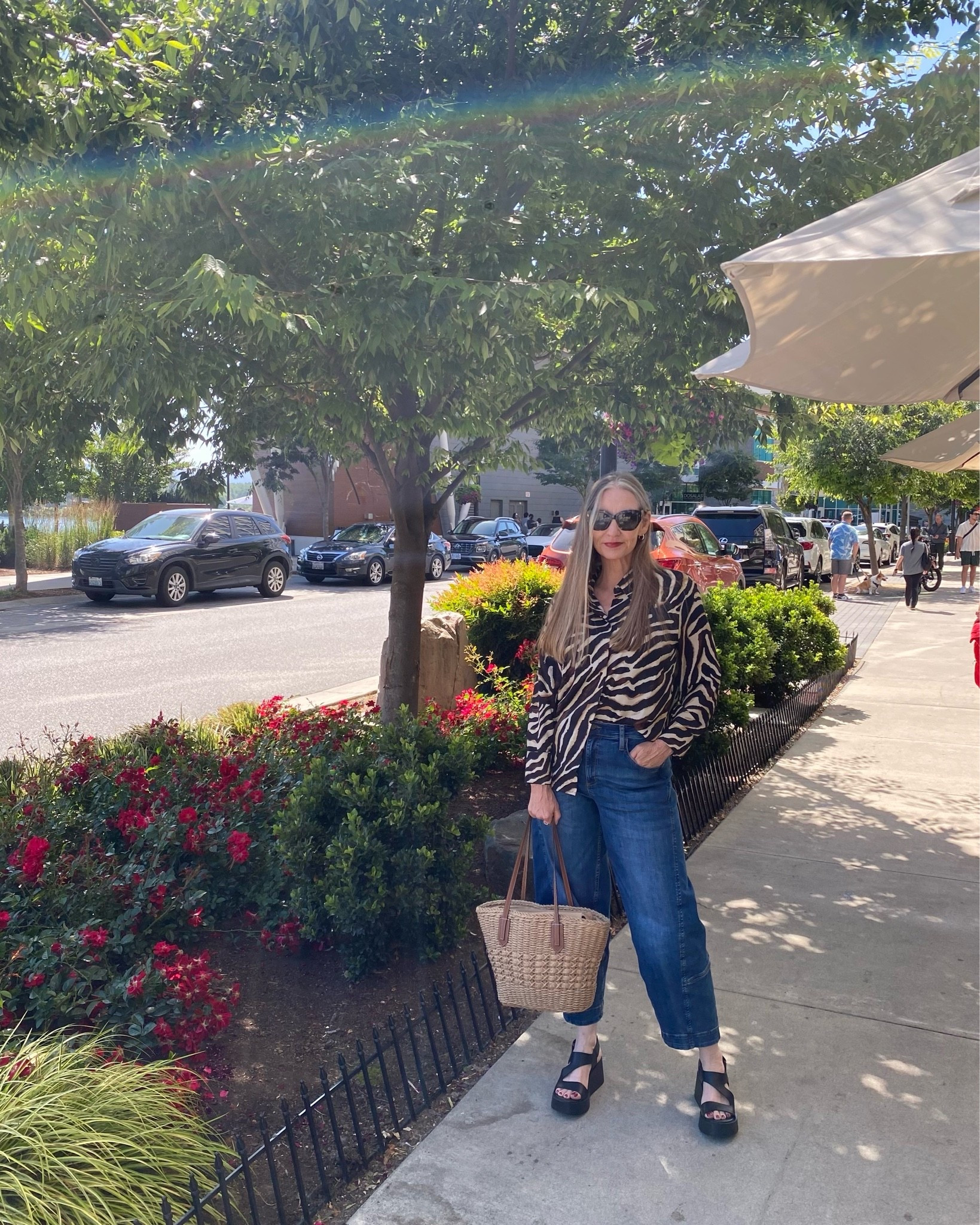 Cute summer outfit, zebra blouse, barrel jeans, platform sandals. #flatteringbarreljeans #zebra #blouse #animalprint #comfortablesandals

#LTKOver40 #LTKootd #LTKdayinmylife