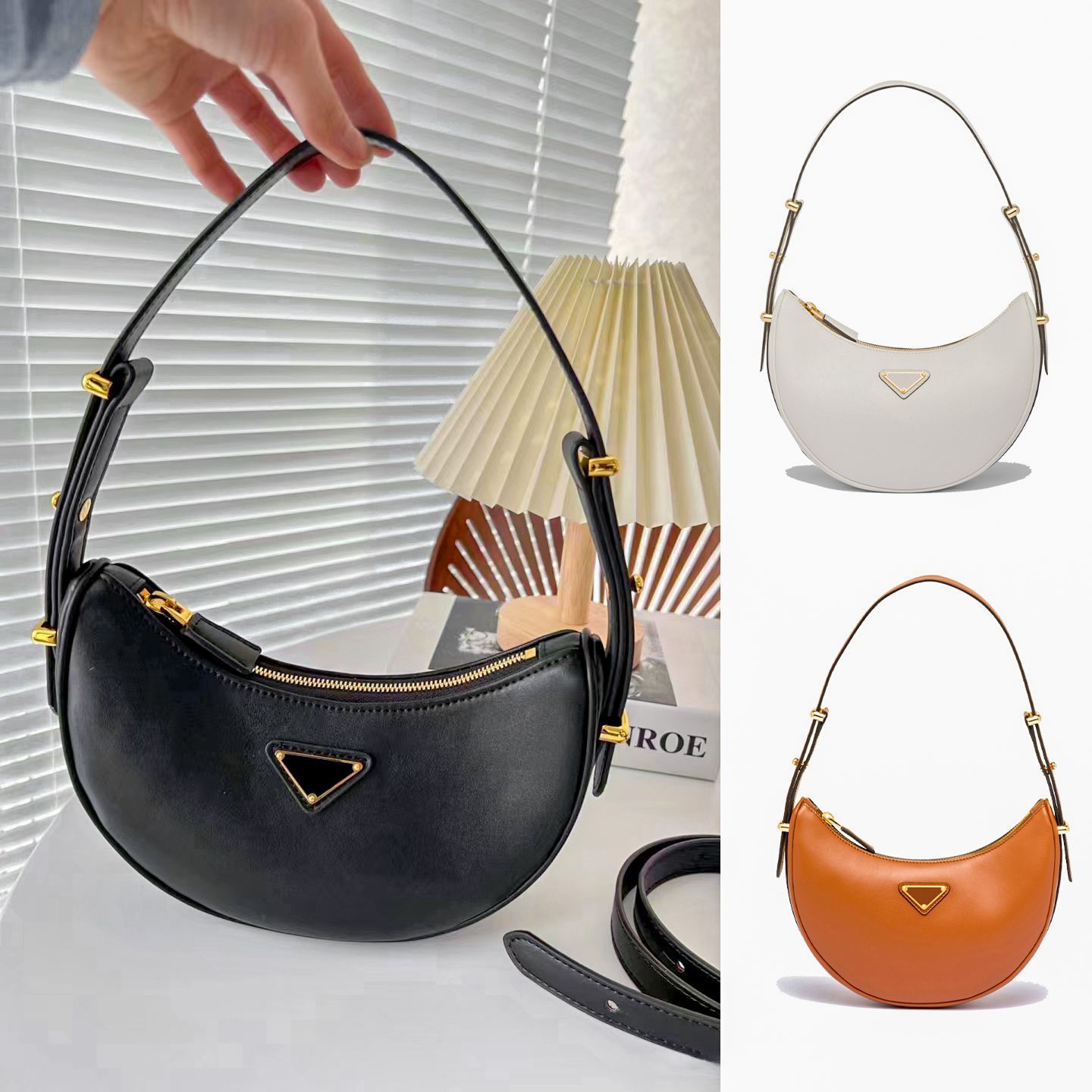Designer shoulder underarm womens bag Genuine Leather triangle half moon bag Luxury purse and han... | DHGate