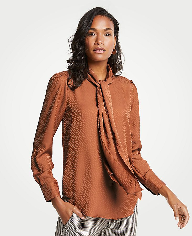 Pindot Jacquard Tie Neck Blouse | Ann Taylor (US)