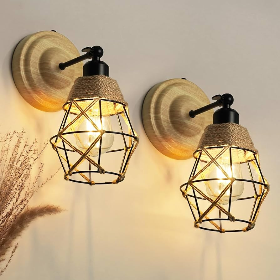 N06 Battery Operated Wall Sconce Set of 2, Rechargeable Rattan Wall Lamp,Rustic Cordless Wall Lig... | Amazon (US)