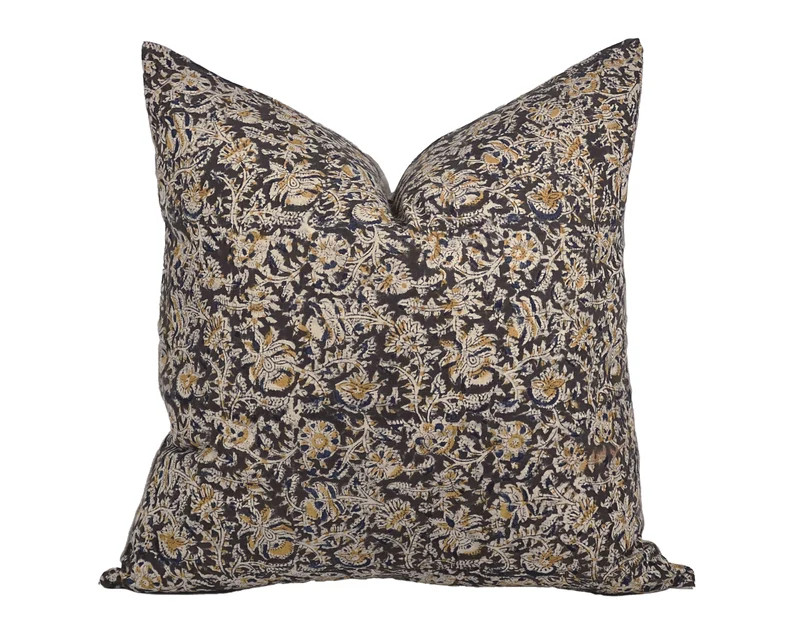 RAYA | Black Beige Floral Pillow Cover, Block Print Pillow, Dark Floral Pillow, Black and Beige P... | Etsy (US)
