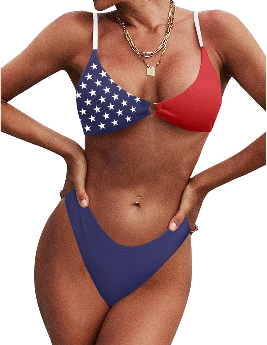 ZAFUL Women's O Ring Tankini Ribbed Colorblock Bikini Set Swimwear Sexy Brazilian Thong Swimsuits | Amazon (US)