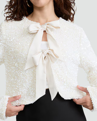 F&F Sequin Faux Velvet Bow Jacket in Cream | Tesco F&F