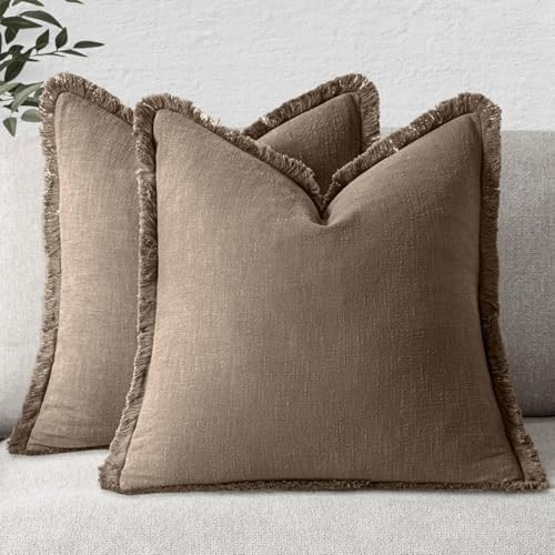 MIULEE Decorative Throw Pillow Covers Neutral Linen Fringe Throw Pillows Set of 2 Cocoa Brown Boh... | Amazon (US)