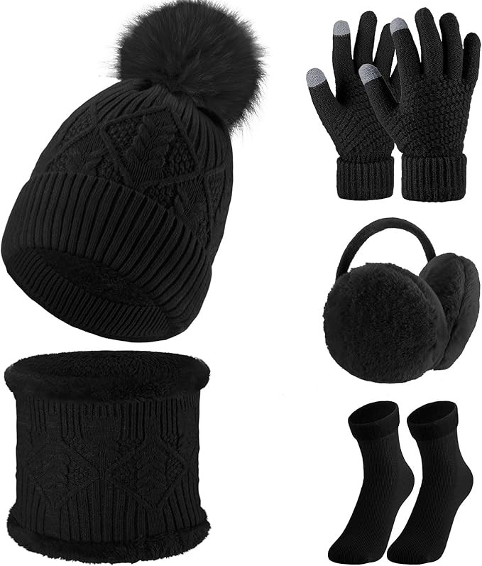SATINIOR 5 Pcs Winter Hat Scarf Gloves Set Fleece Lined Knit Beanie Hat Warm Touch Screen Gloves ... | Amazon (US)