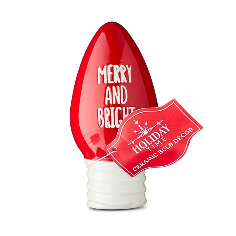 Red Color Ceramic Merry & Bright Christmas Indoor Bulb Tabletop Decor, 4.5 inch, by Holiday Time | Walmart (US)
