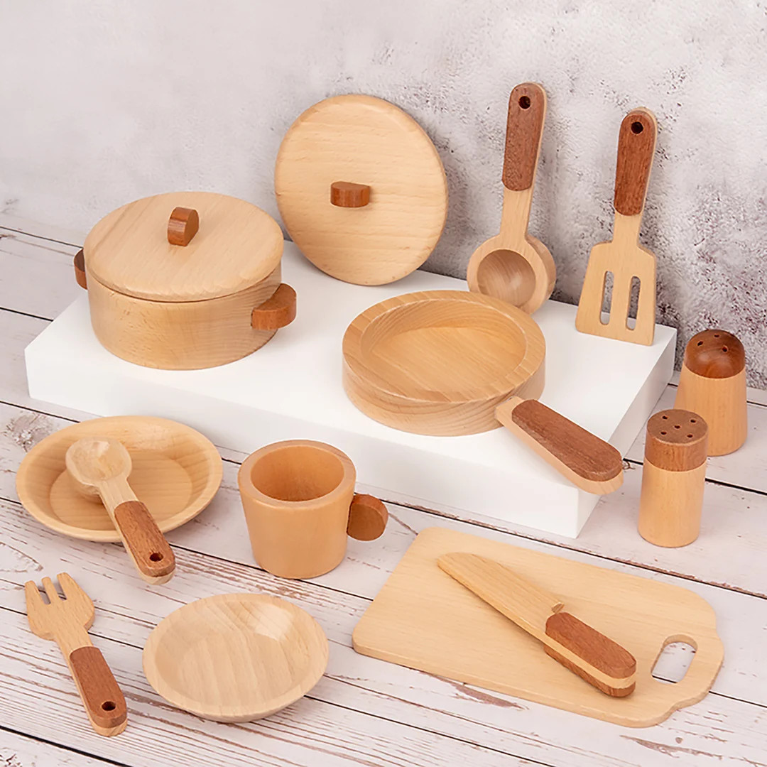 15 Pcs Wooden Kitchen Playset - Playset - Cookware Plates Pots Cooking Set - Montessori Pretend T... | Etsy (US)