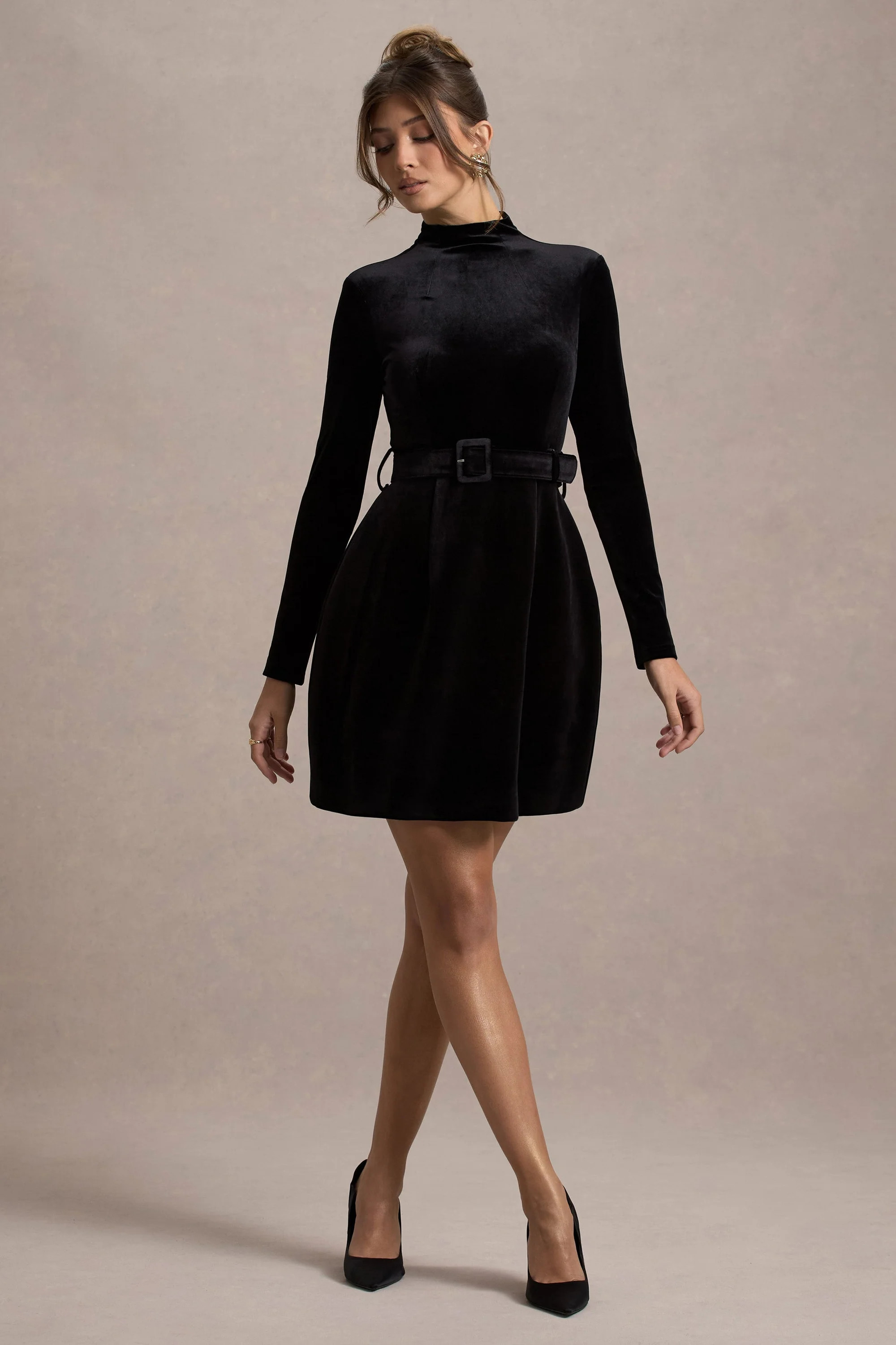 Charm  Black Velvet Turtleneck Long-Sleeve Belted Mini Dress | Club L London