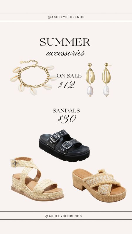 Summer accessories 🐚🏝️ Victoria Emerson sale $12 puka shell bracelet and pearl earrings 
Sandals, wedges and platforms I’ve been loving designer look for less $30 

#LTKstyletip #LTKshoecrush #LTKsalealert