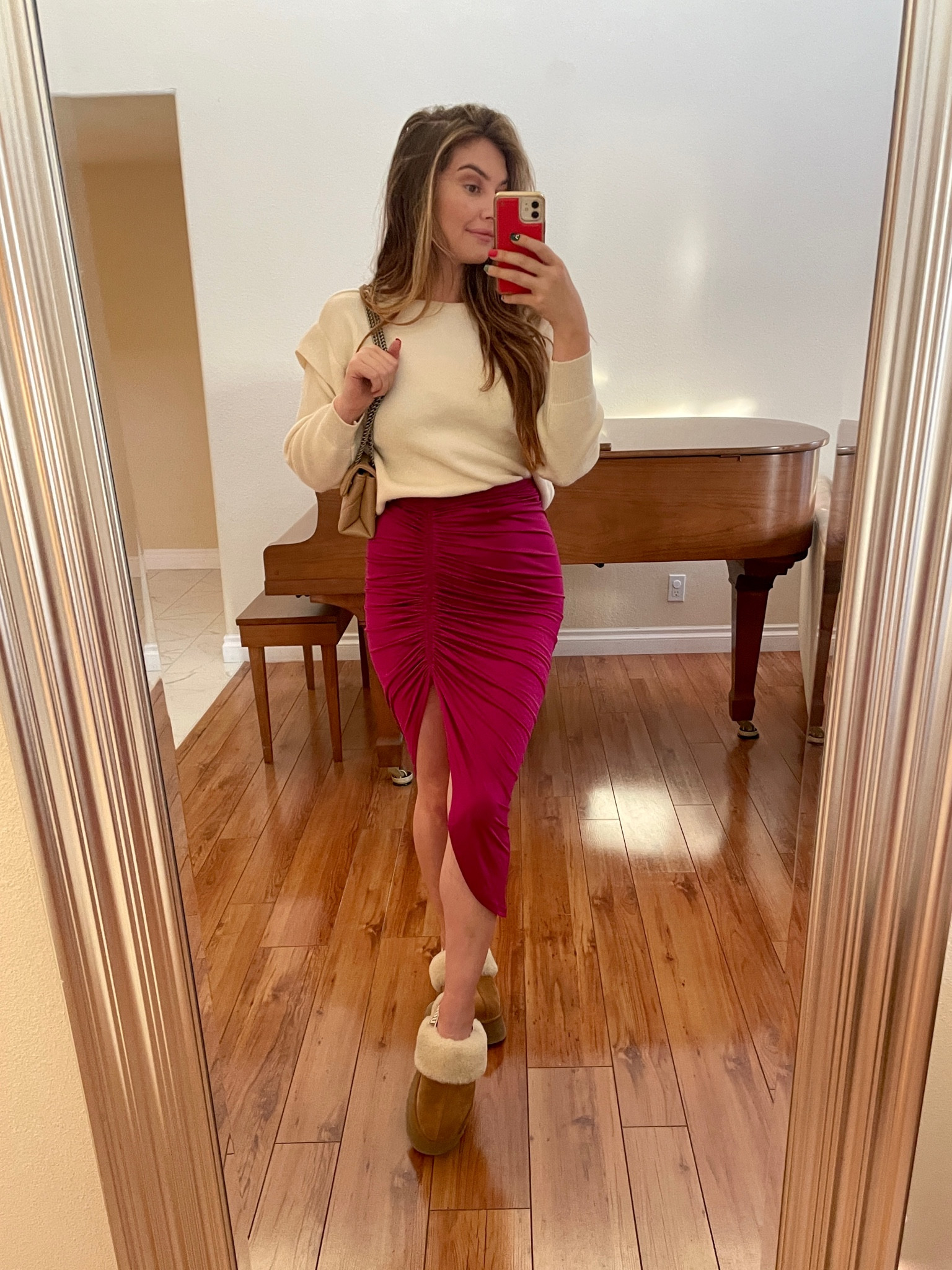 Style your Ugg platforms with a skirt! Love this casual chic look 💗 linked a similar skirt and sweater, both under $100. Uggs run true to size and you can get a ton more Ugg outfit inspo on the blog! 

#LTKshoecrush #LTKstyletip #LTKfit