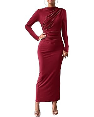 BTFBM Women Bodycon Maxi Dress Long Sleeve Back Slit Ruched Elegant Party Cocktail Formal Fall We... | Amazon (US)
