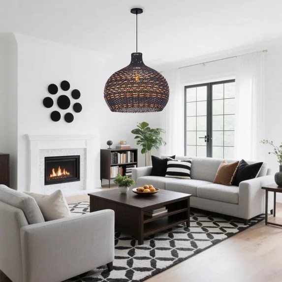 Viaurbe Black Hand-Woven Rattan Pendant Light Farmhouse Coastal Wicker Hanging Lamp Large Dome Ce... | Walmart (US)