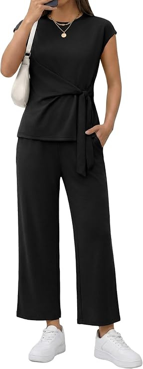 Casly Lamiit Two Piece Sets for Women Summer Outfits Cap Sleeve Belted Crop Top Wide Leg Pants Ma... | Amazon (US)