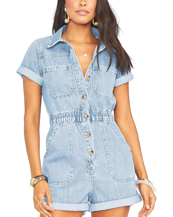 Cicy Bell Women's Short Sleeve Denim Rompers Cotton Utility Button Up Elastic Waist Short Jumpsui... | Amazon (US)