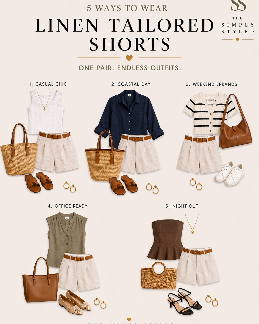 Proof that you don’t need more clothes—you need better outfit formulas ✨ 5 ways to style linen tailored shorts. 

Linen tailored shorts are one of the most versatile pieces in a summer capsule wardrobe.  Whether you’re putting together casual summer outfits, vacation outfits, coastal style looks, weekend errand outfits, office-ready summer workwear, or a simple date night outfit, this one piece can do it all.

In this roundup, I’m sharing 5 easy ways to style linen shorts using timeless wardrobe staples, neutral colors, woven bags, comfortable sandals, sneakers, and elevated basics that can be mixed and matched all season long. These outfit formulas are effortless, chic, and perfect for women who want classic style without overcomplicating their wardrobe.

If you’re building a summer capsule wardrobe, planning vacation outfits, looking for flattering outfits for women over 30, or simply searching for everyday outfit inspiration, these are the looks you’ll reach for on repeat.

#LTKootd