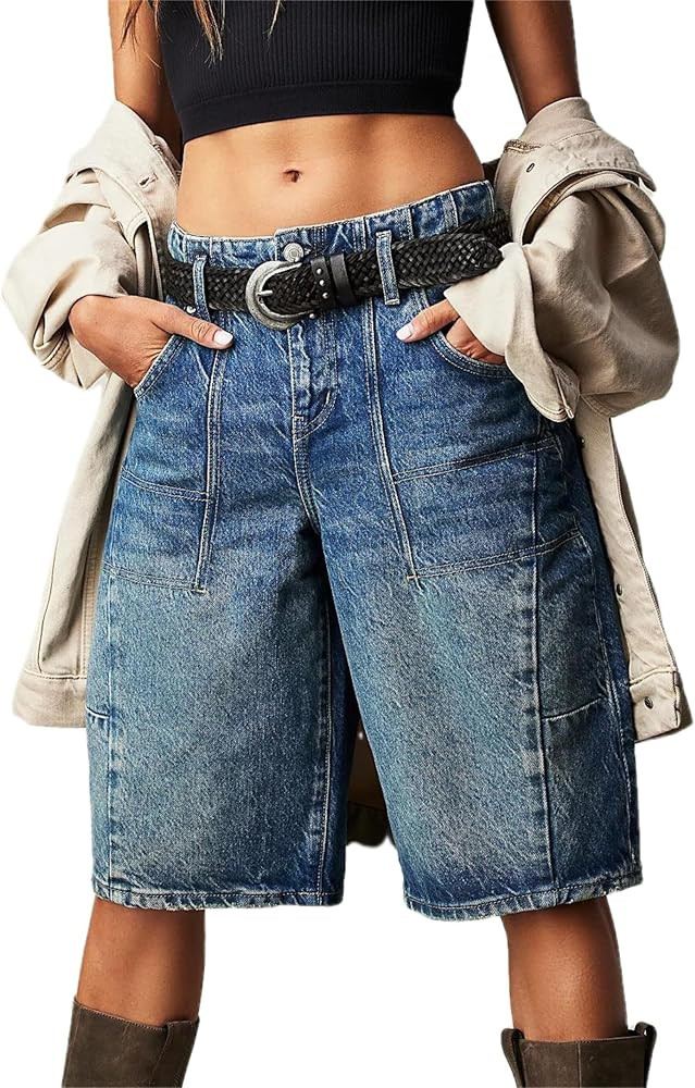 Women's Summer Blue Denim Bermuda Shorts, Casual, Loose Fit, High Waist, Knee Length, 28 Inseam | Amazon (US)