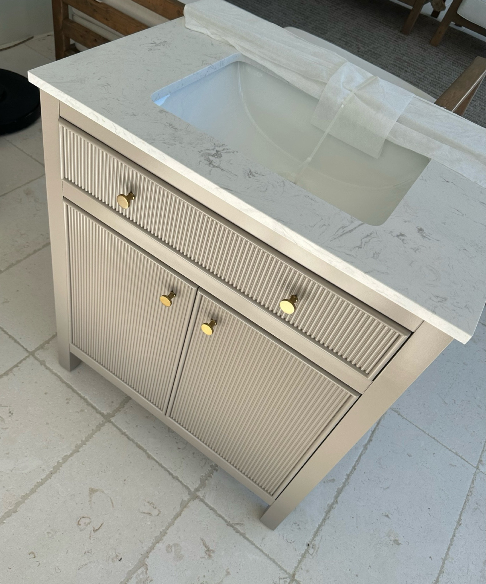 My Beach house fluted vanity from @Loweshomeimprovement is back in stock! Comes in white also + available in different sizes.  #ad #lowespartner #vanity #bathroom 

#LTKSaleAlert #LTKSeasonal #LTKHome