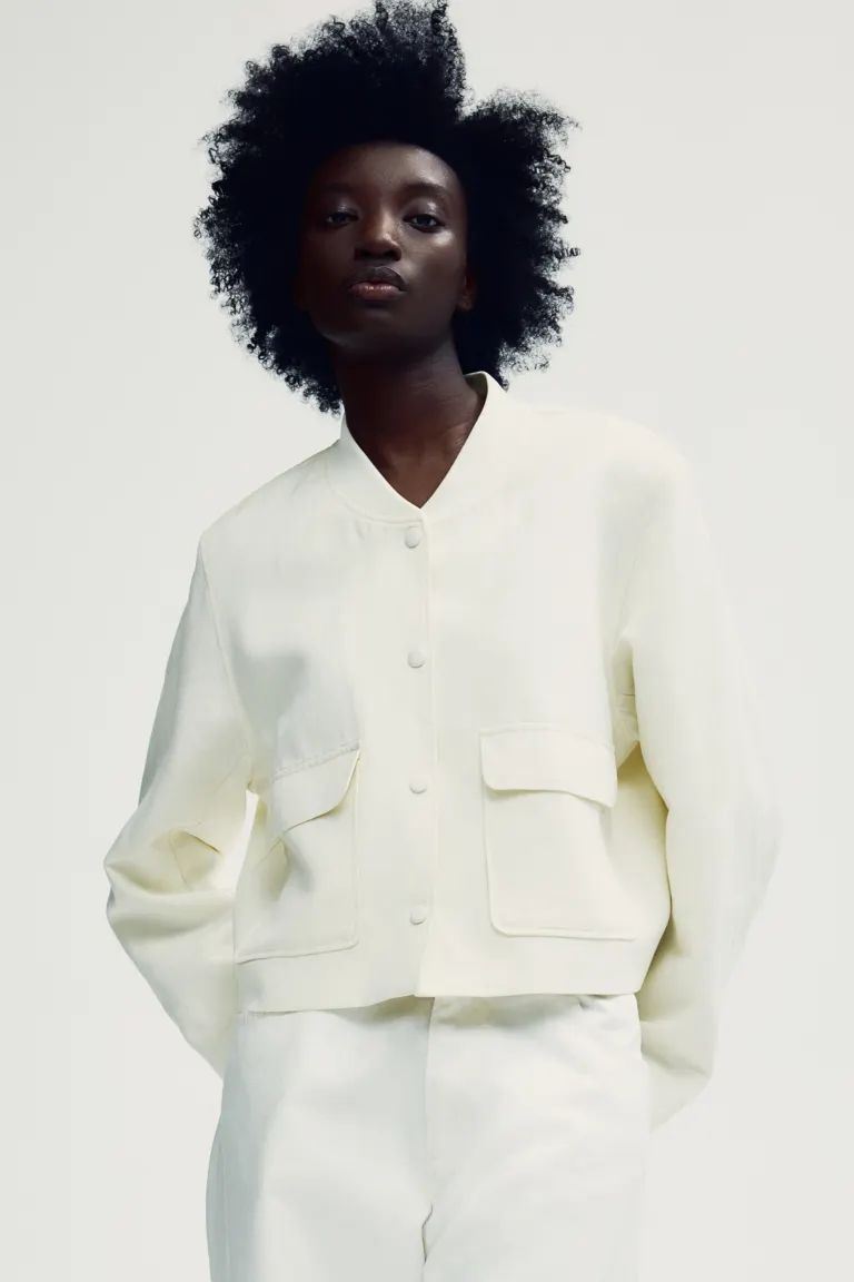 Linen-blend Jacket - Long sleeve - Short - Cream - Ladies | H&M US | H&M (US + CA)