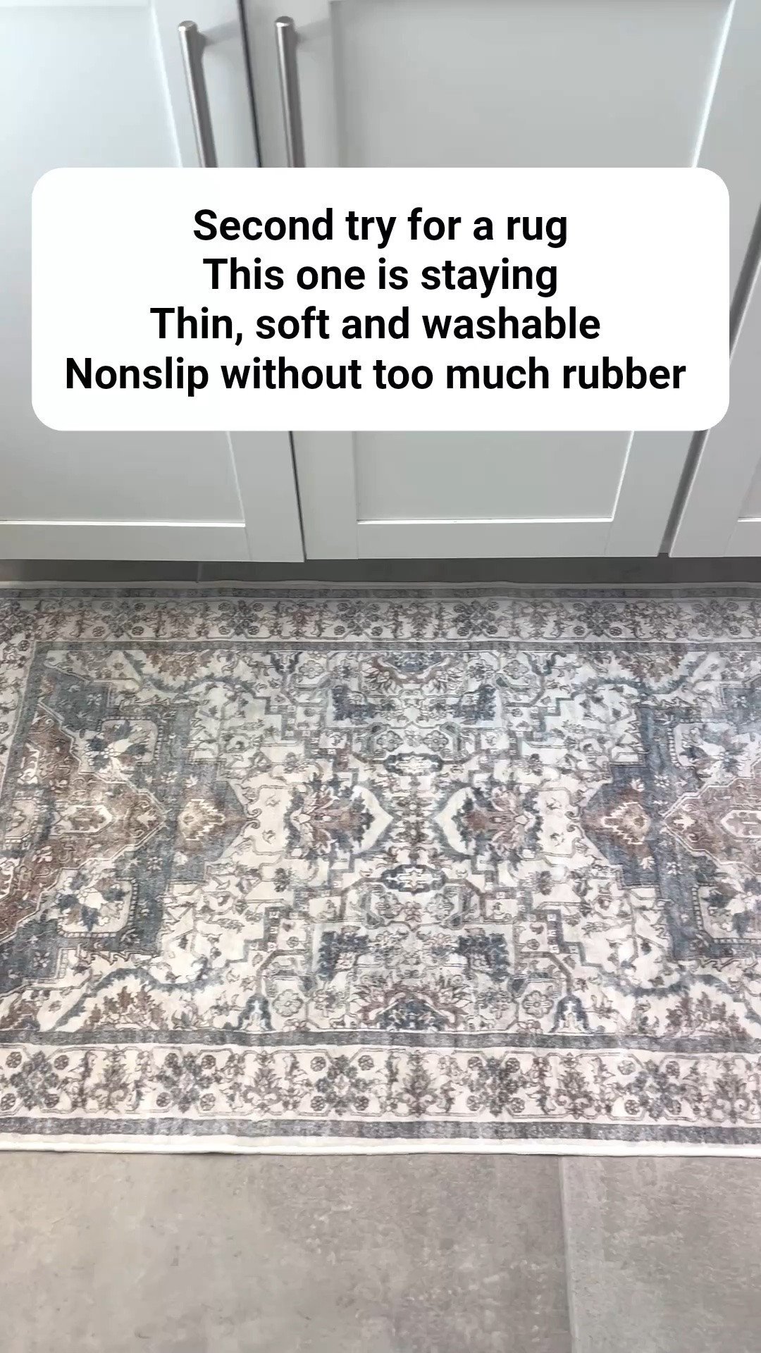 Second  try for my bathroom rug was the winner. I ordered one before this and had to return it.

This is the beige/blue in the 2 x 6 size for our double sink, and the colors are even prettier in person. It has soft blue, beige, and a little rust in it, so it feels warm without being too busy.

The first rug I tried had way too much rubber on the back, and I don’t love washing rugs like that. This one is thin, soft, washable, and has enough grip to stay put without that heavy rubber backing.

Basically, nonslip without feeling like I’m putting a yoga mat in my washing machine…. which by the way is really bad for your washer and dryer as it starts to break down.

I liked it so much I’m ordering more, and bonus, it’s on sale right now!

#LTKHome #LTKmomlife #LTKSaleAlert
