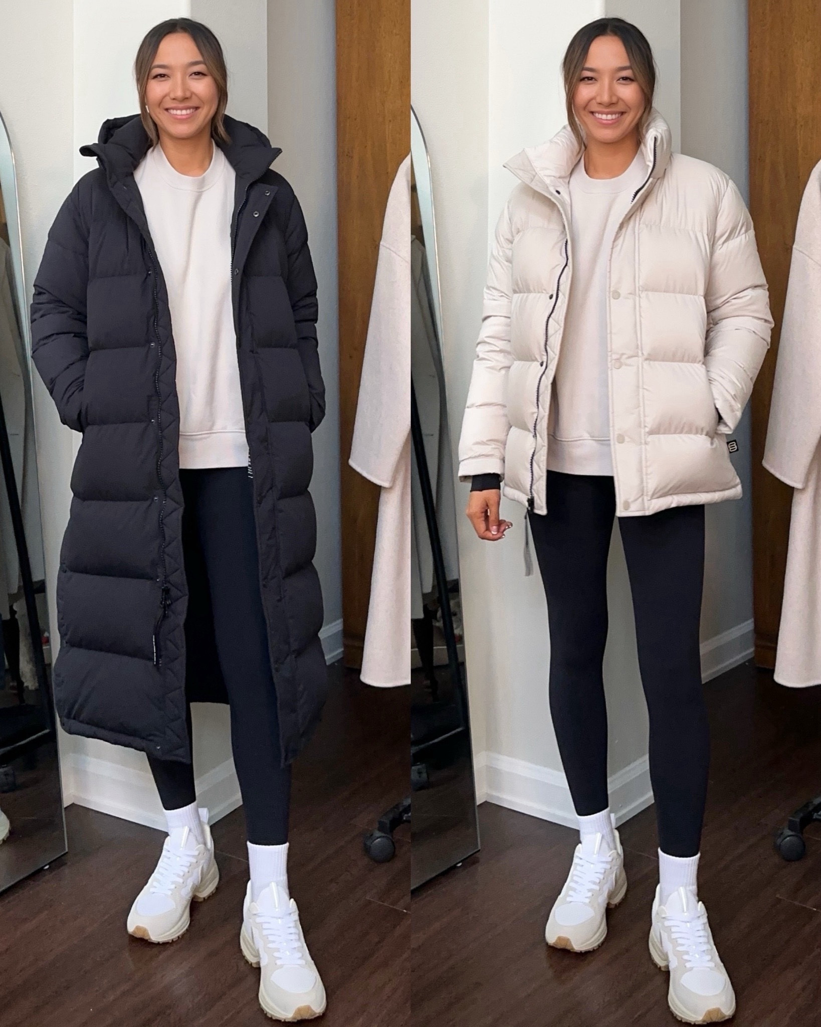 2 lengths & colors of the super puff from aritzia - love these coats, so soft & warm 

Long xs - black 
Original xs - halation gray [matte pearl is similar] 
Crewneck - xs 
Leggings - xs, linked to this years version 

#LTKStyleTip #LTKSeasonal