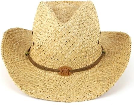 Straw cowboy hat with leather band detail and three horses badge. Natural | Amazon (UK)