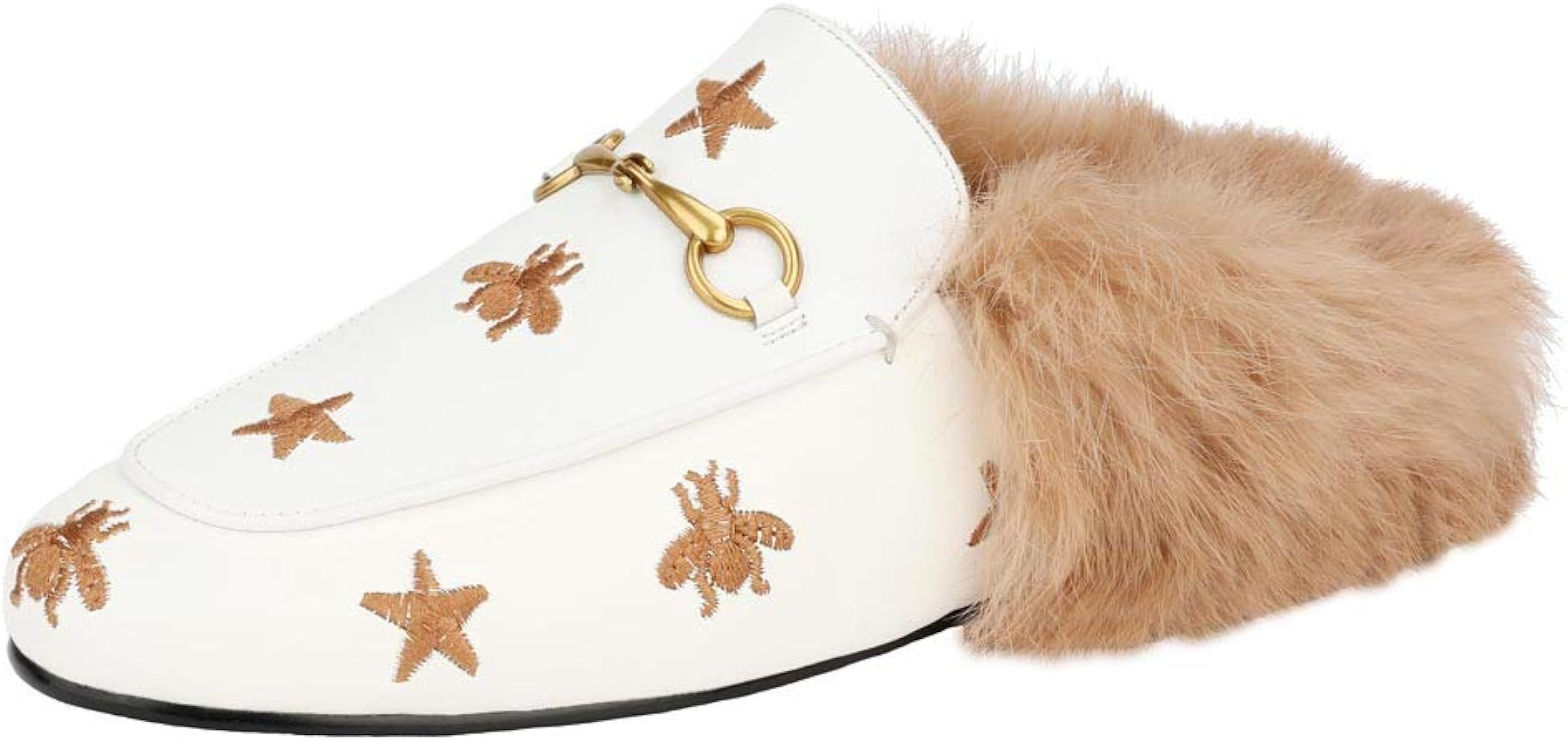 Fur Mules for Women Leather Low Heel Loafers Pointed Toe Backless Slides Rabbit Fur Mule Flats Shoes | Amazon (US)