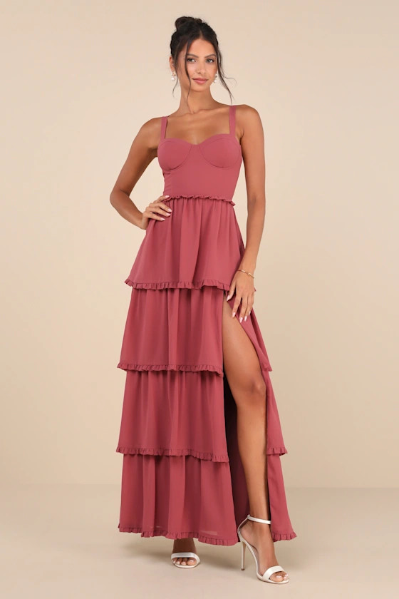 Sophisticated Occasion Rusty Rose Bustier Lace-Up Maxi Dress | Lulus