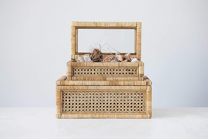 Creative Co-Op Woven Rattan Glass Lids & Fir Wood Frame (Set of 2 Sizes) Display Boxes, Beige | Amazon (US)