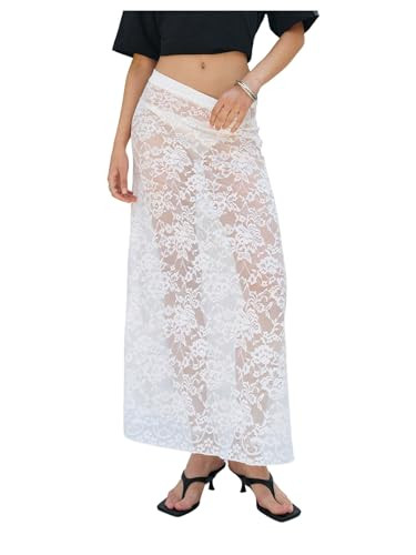 Milumia Women's Sexy Sheer Mesh Lace Maxi Skirt Y2k See Through Flowy Long Skirt | Amazon (US)