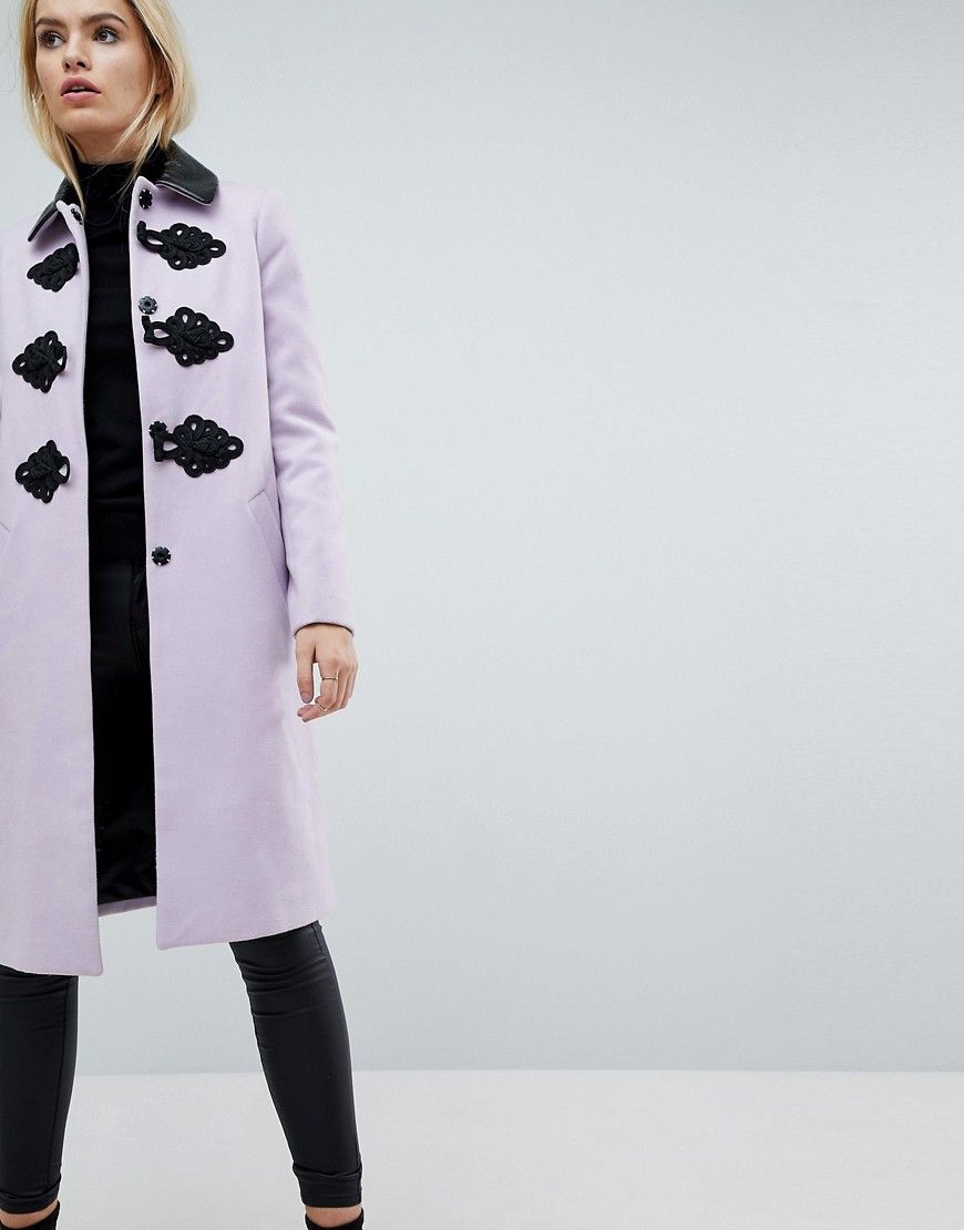 ASOS Slim Coat with Contrast Frogging - Pink | ASOS US