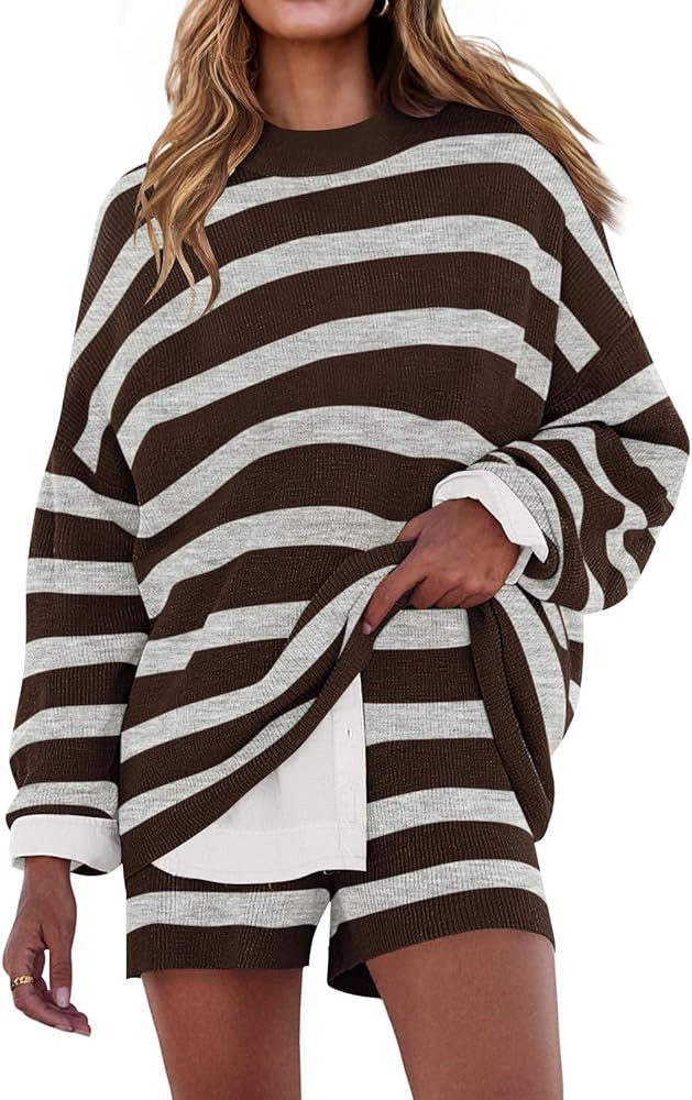 ZESICA Striped Lounge Sets for Women 2 Piece Oversized Outfits Long Sleeve Tops and Shorts Sweate... | Amazon (US)