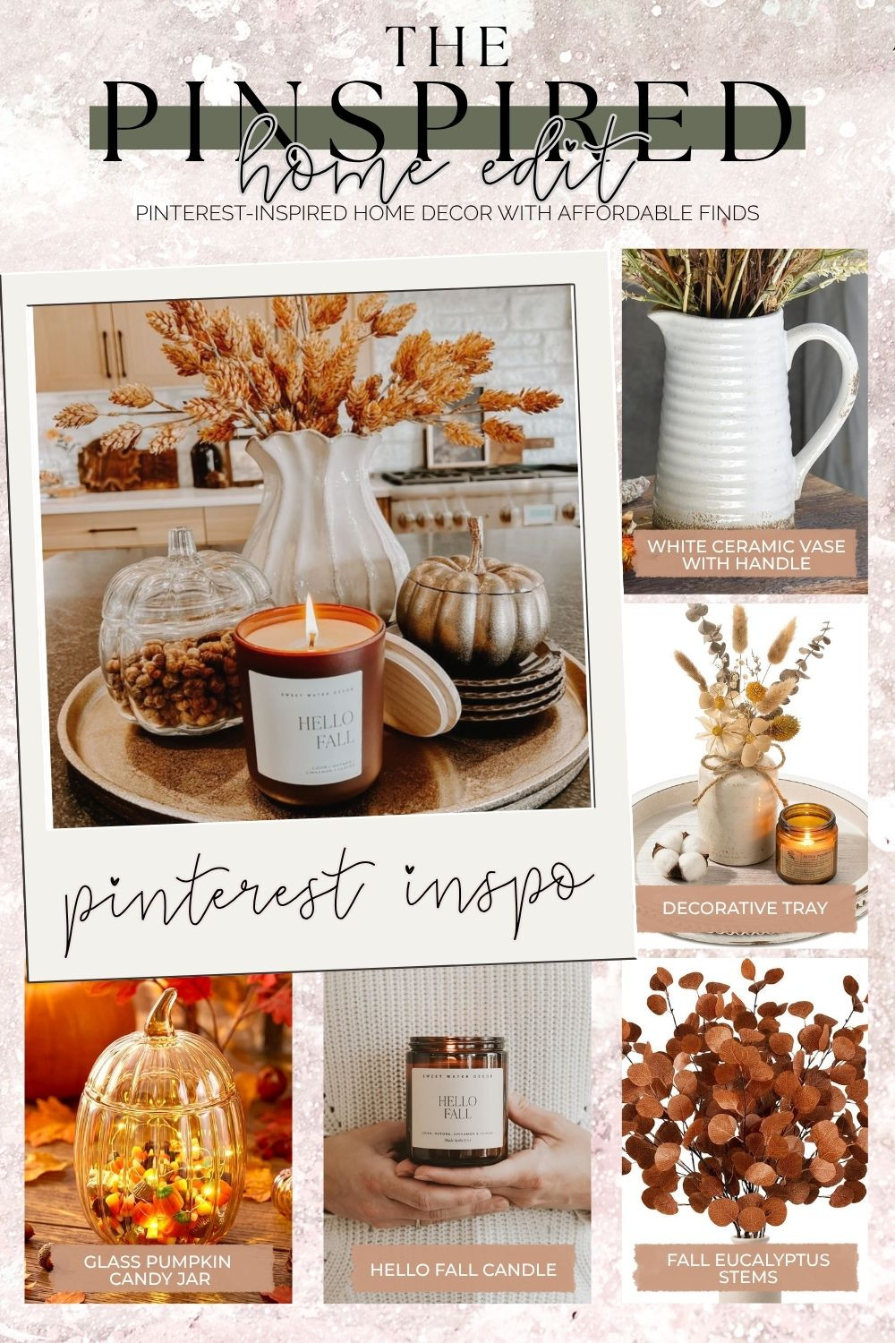 Warm and cozy fall home decor with simple neutral accents and soft autumn color 🍂 Recreate this Pinterest-inspired fall vignette with a white ceramic vase, decorative tray, glass pumpkin candy jar, “Hello Fall” candle and rust-colored eucalyptus stems. It’s such an easy way to decorate a kitchen island, coffee table, dining table or entryway for fall without making the space feel overly themed. The mix of creamy ceramics, warm wood, amber glass and muted orange gives it that cozy collected autumn look.

#FallHomeDecor #FallDecor #AutumnDecor #AmazonHome #AmazonFinds #NeutralFallDecor #FallDecorIdeas #KitchenIslandDecor #CoffeeTableDecor #FallCenterpiece #CozyHome #EucalyptusDecor #PumpkinDecor #AffordableHomeDecor #PinterestInspired 

 #LTKSeasonal #LTKOver40 #LTKHome