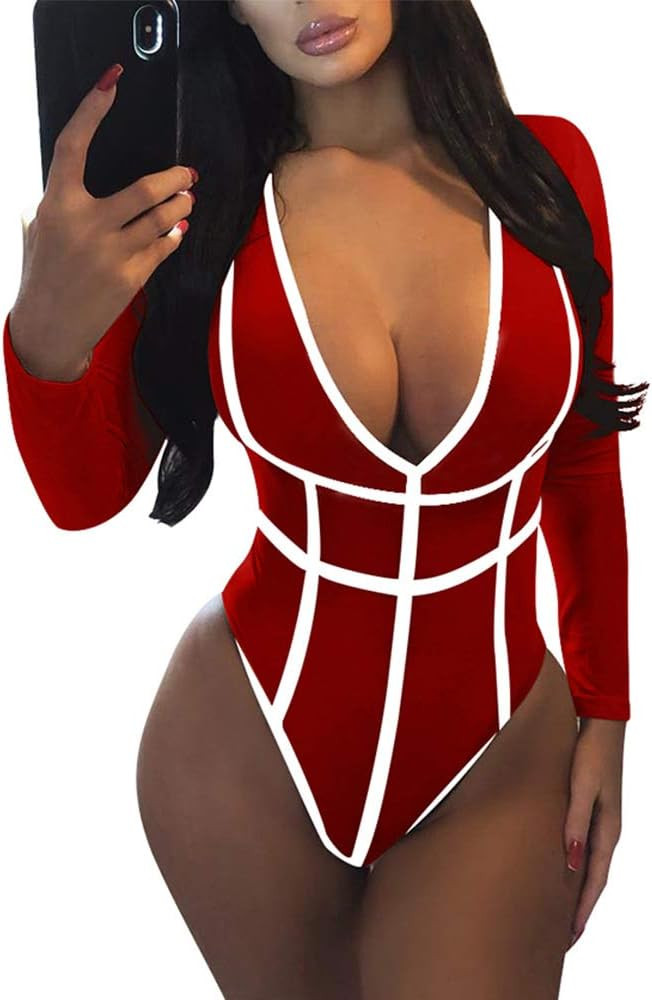 GOKATOSAU Women's Deep V-Neck Long Sleeve Sexy Triangle Bodysuit Stripe Jumpsuits | Amazon (US)