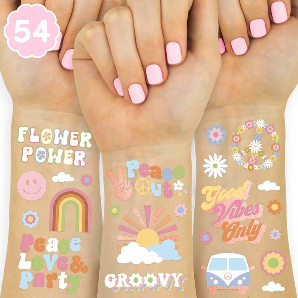 xo, Fetti Groovy 70s Temporary Tattoos - 48 Glitter Styles | Flower Power Birthday Party Supplies, G | Amazon (US)