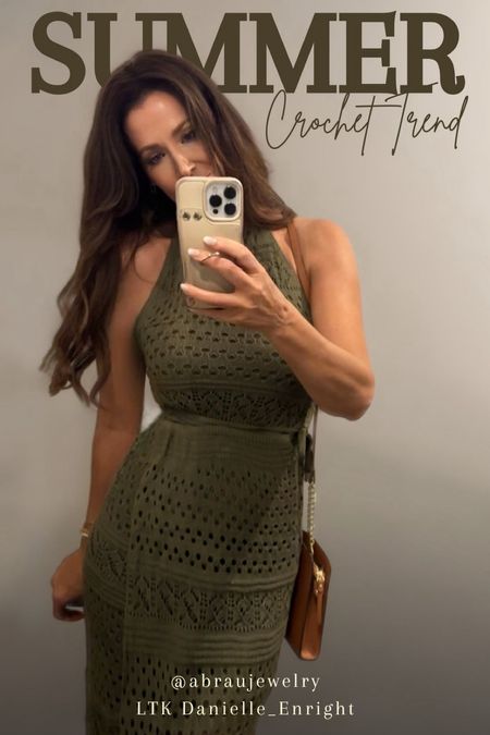 Loving this crochet trend! This dress is midi length and a wrap style. Love the halter style, it’s so flattering and you can wear it anywhere from the beach as a coverup to dinner, with flats or heels! I’m a medium and could’ve taken a small, for reference.

🏷️ midi dress , summer dress , green dress , lulus , date night outfit , halter dress , brown handbag , gold earrings 

#LTKU #LTKStyleTip #LTKSeasonal