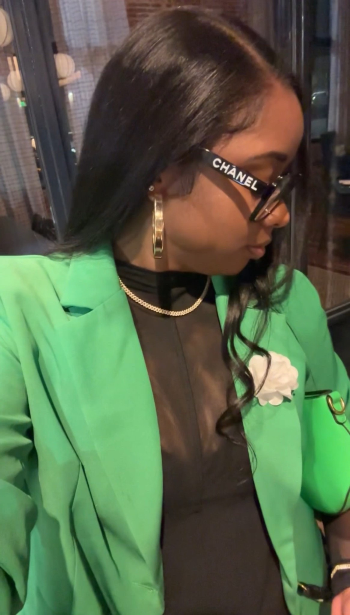 Chanel Frames, Green blazer, black mesh jumpsuit 

#LTKStyleTip