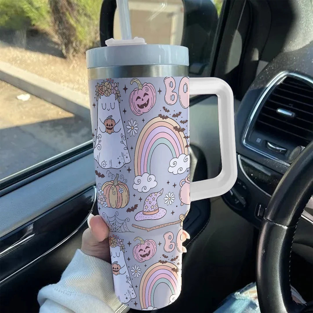 Halloween Pumpkin Ghost Vintage Pattern 40oz Tumbler with Handle & Straw, Stainless Steel Travel ... | Etsy (US)