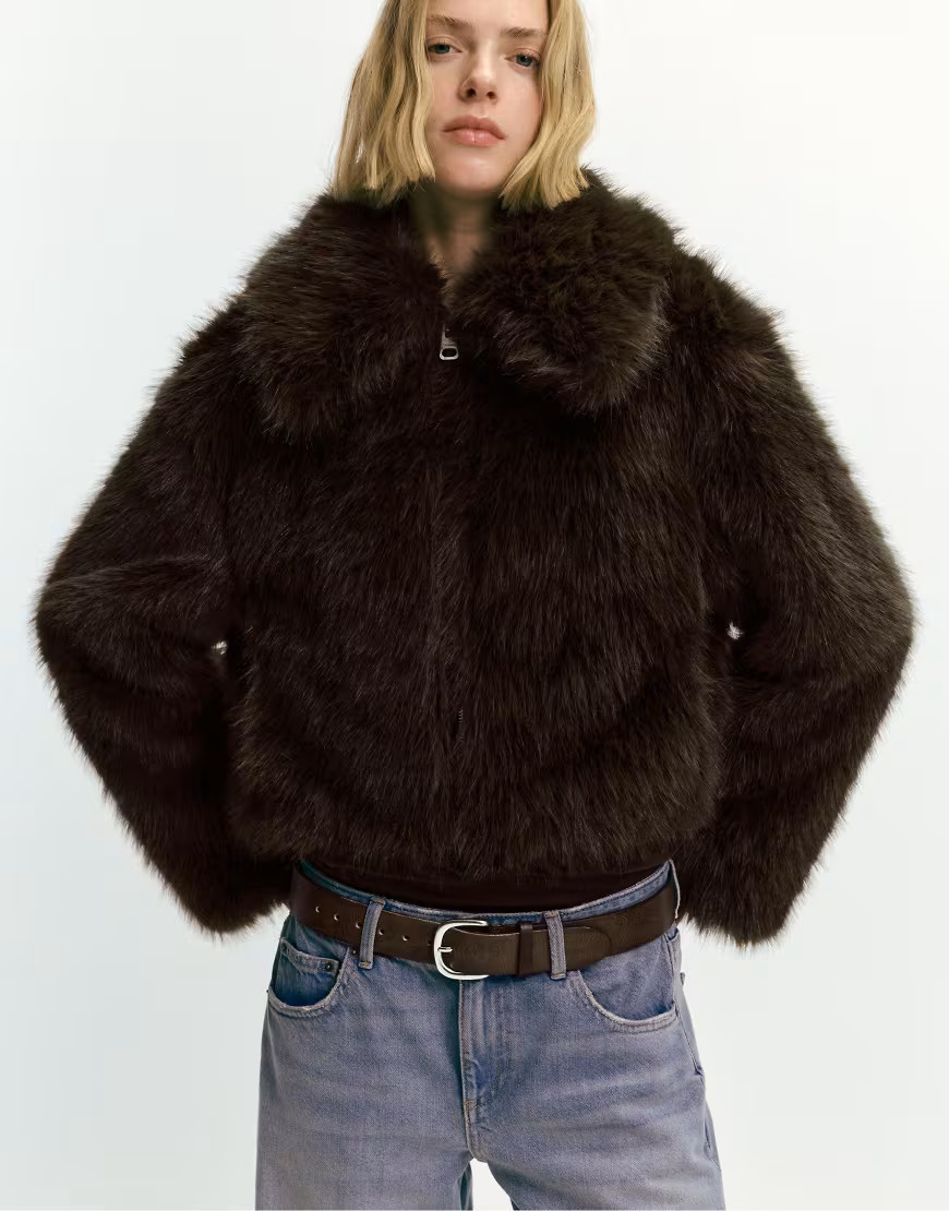 Pull&Bear Faux fur jacket with zip in brown | ASOS (Global)