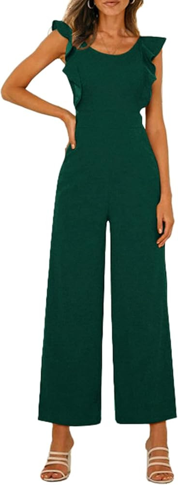 PRETTYGARDEN Women's Summer Backless Jumpsuits Casual Ruffle Cap Sleeve One Piece Wide Leg Pants ... | Amazon (US)