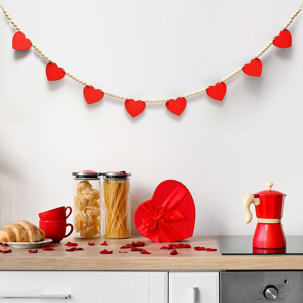 AKEROCK Valentines Day Decor, Red Heart Shaped Wooden Hanging Banner with Beads for Valentines De... | Amazon (US)