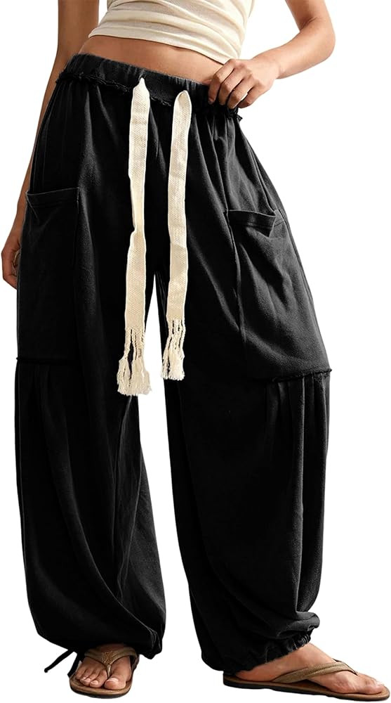 Springrain Women's Baggy Wide Leg Pants Casual Drawstring Harem Pants Bohemian Trousers with Big ... | Amazon (US)