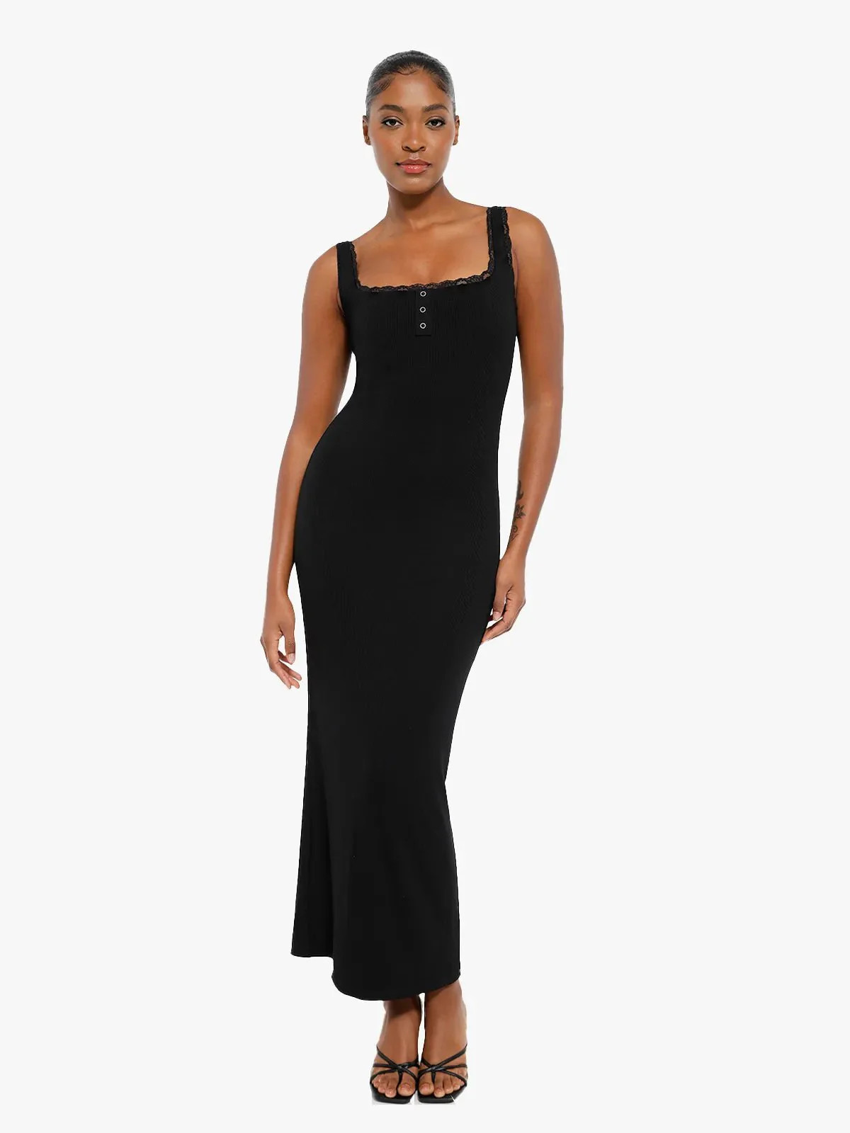 Shapewear Modal Slimming Lace Trim Henley Tank Maxi Dress | Popilush