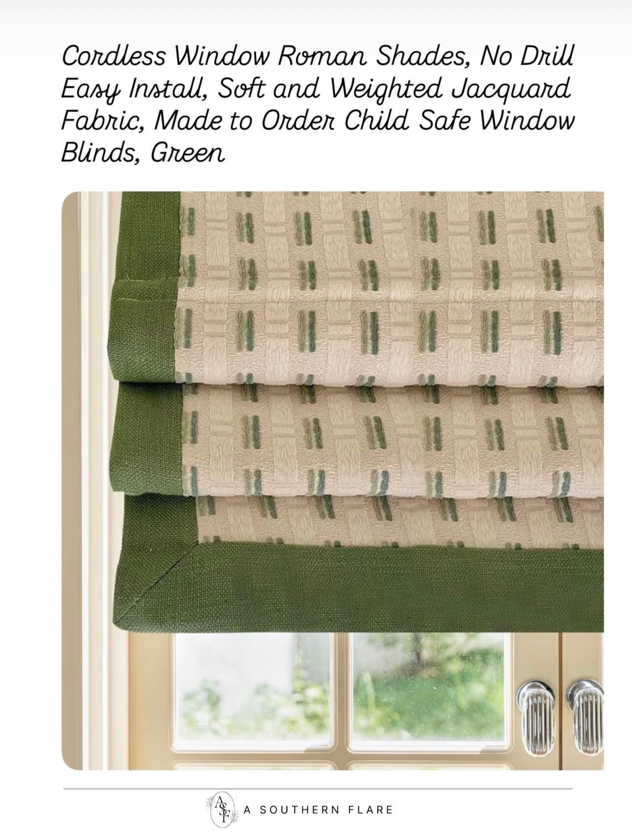 Cordless Window Roman Shades, No Drill Easy Install, Soft and Weighted Jacquard Fabric, Made to Order Child Safe Window Blinds, Green