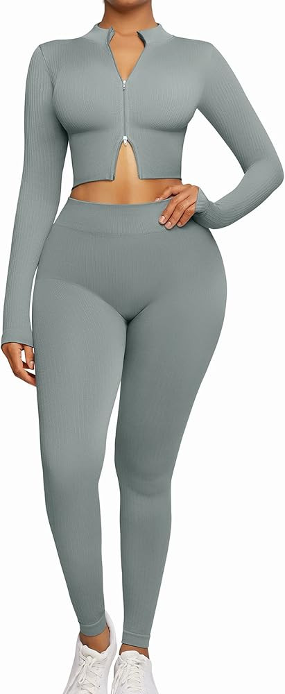 FeelinGirl Workout Sets for Women 2 Piece Gym Outfits High Waist Yoga Leggings and Long Sleeve Cr... | Amazon (US)