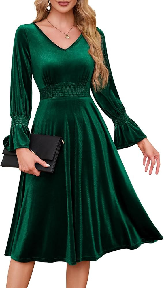 Meetjen Women's Velvet Midi Dress V Neck Long Sleeve Elastic Waist Smocked Dress Elegant Cocktail... | Amazon (US)