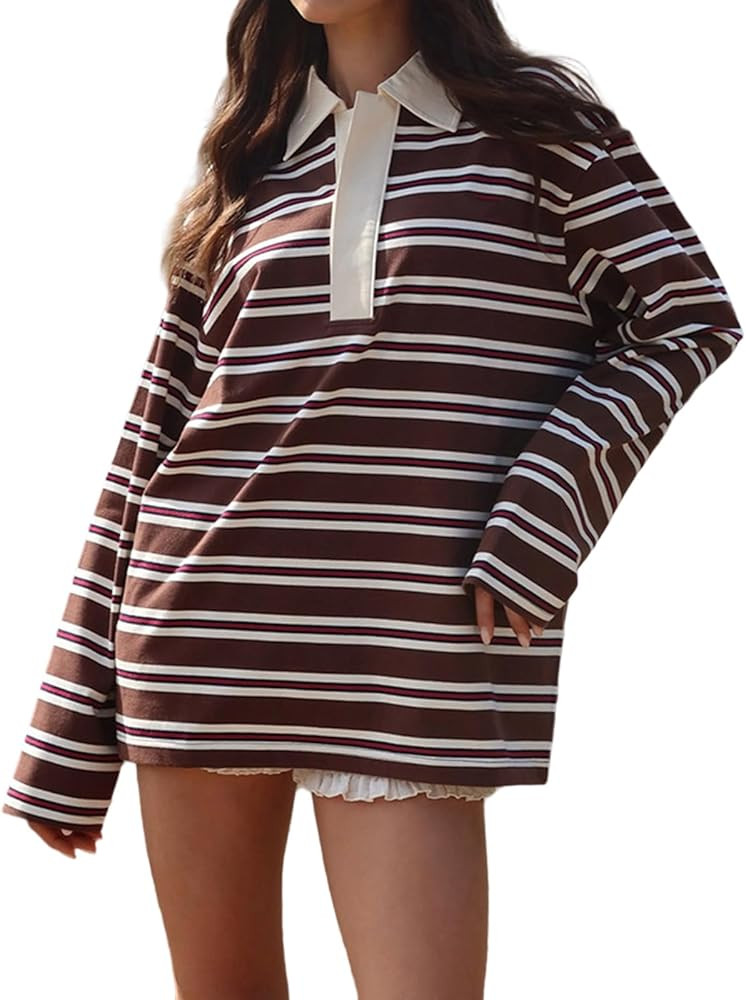 Camisa polo a rayas para mujer, manga larga, cuello en V, camiseta de rugby de gran tamaño, bloq... | Amazon (US)