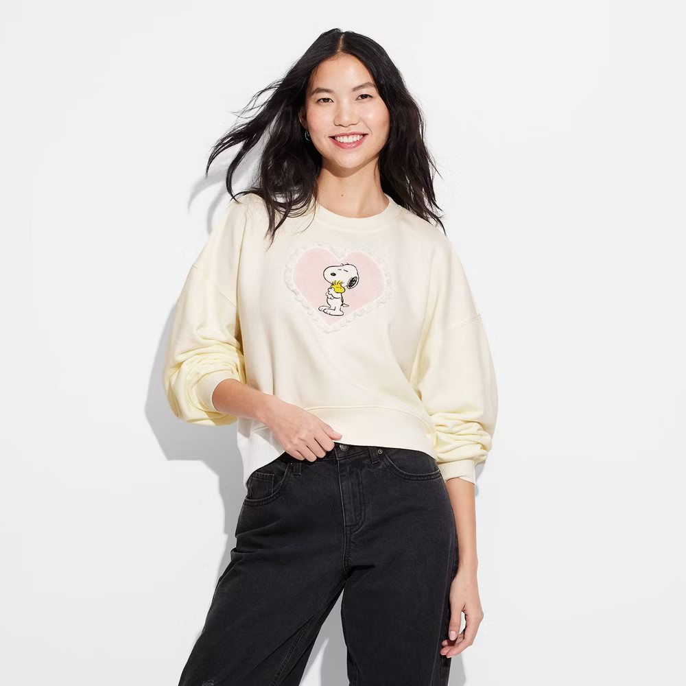 Women's Snoopy and Woodstock Heart Graphic Sweatshirt - Off-White | Target